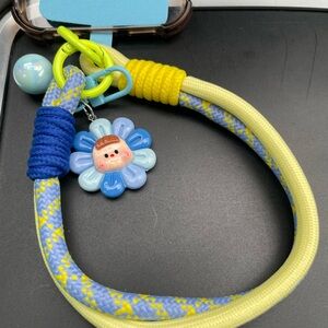 Phone Wrist Lanyard Cute Flower Charm Rope Necklace in Pastel Blue and Yellow